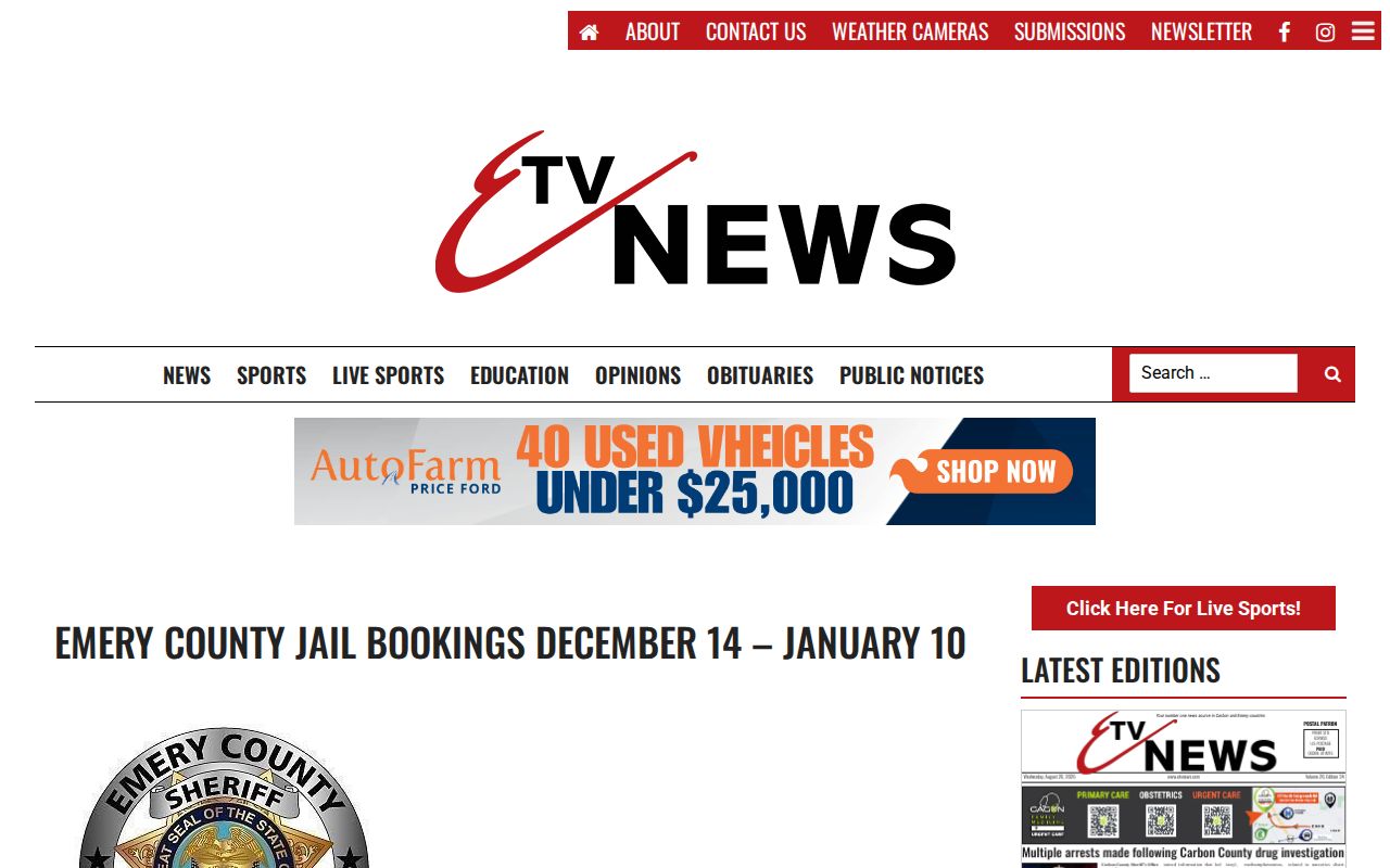 ETV News historical Emery County Jail Bookings article