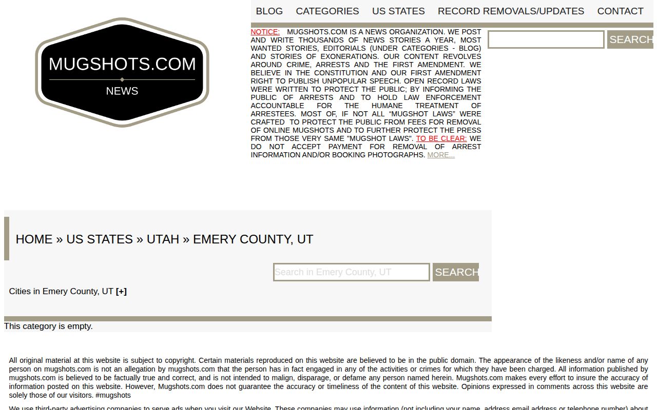 Unofficial Mugshots.com Emery County index showing the documented county view
