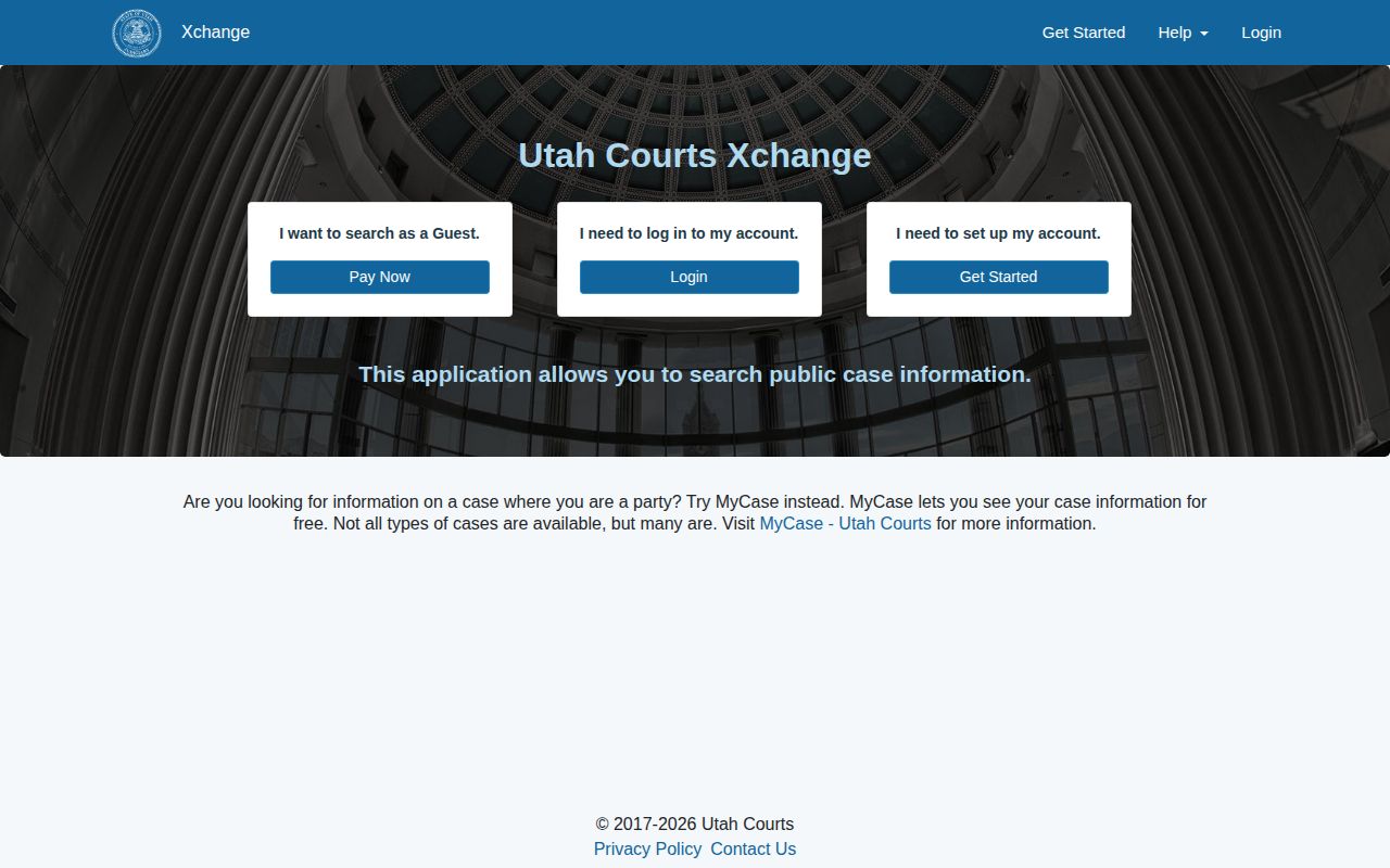 Utah Courts Xchange public case-search landing page
